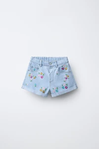 EMBROIDERED FLORAL DENIM SHORTS