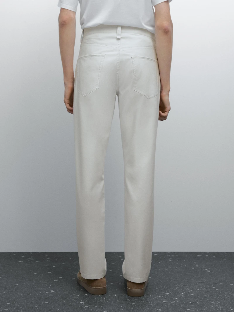Lightweight tapered fit denim-effect trousers
