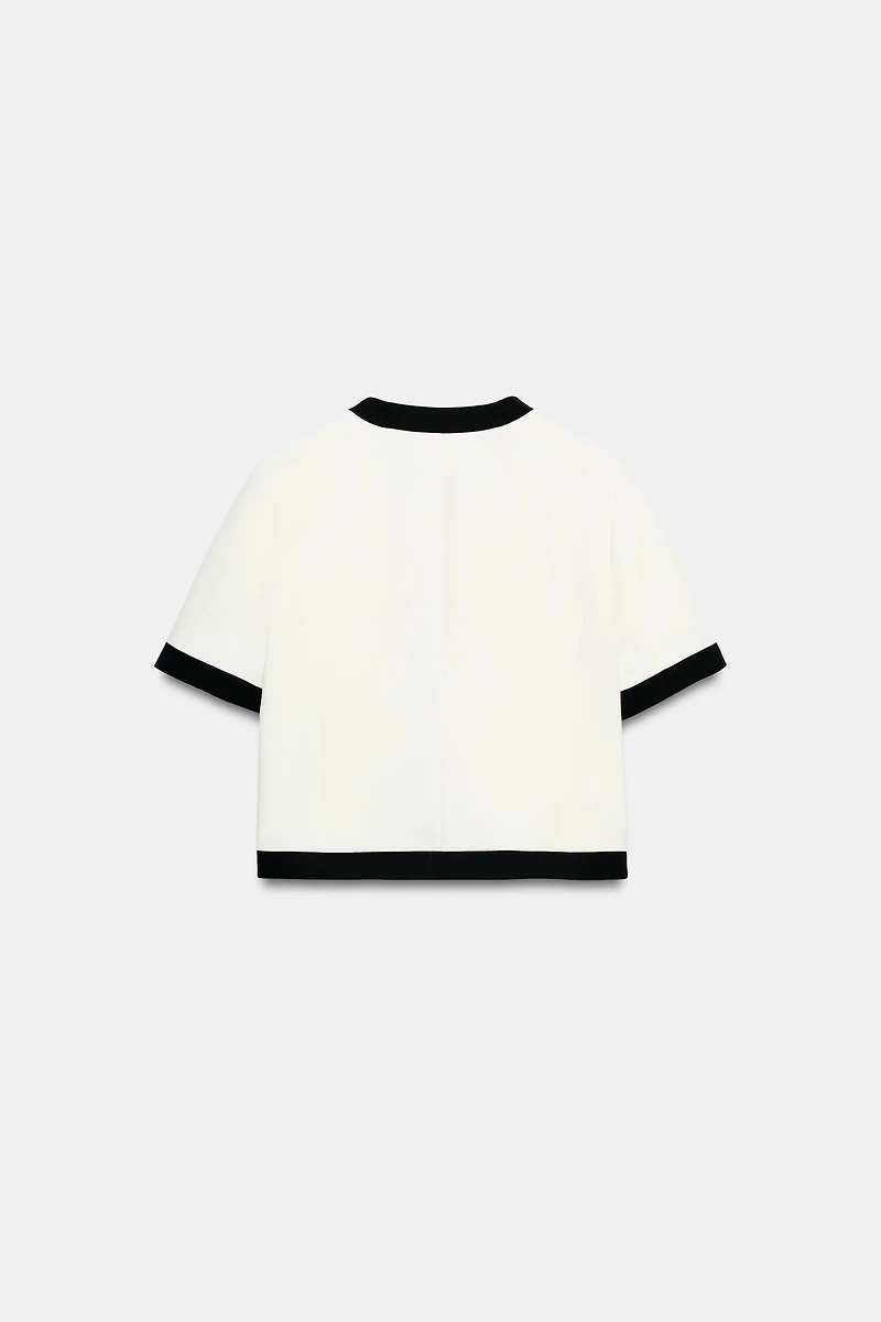 SHORT SLEEVE BLAZER WITH CONTRASTING PIPING