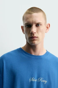 LINEN BLEND PRINTED TEXT T-SHIRT