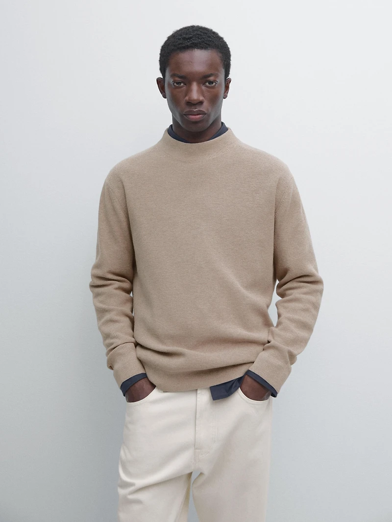 Cotton blend knit sweater with mock turtleneck