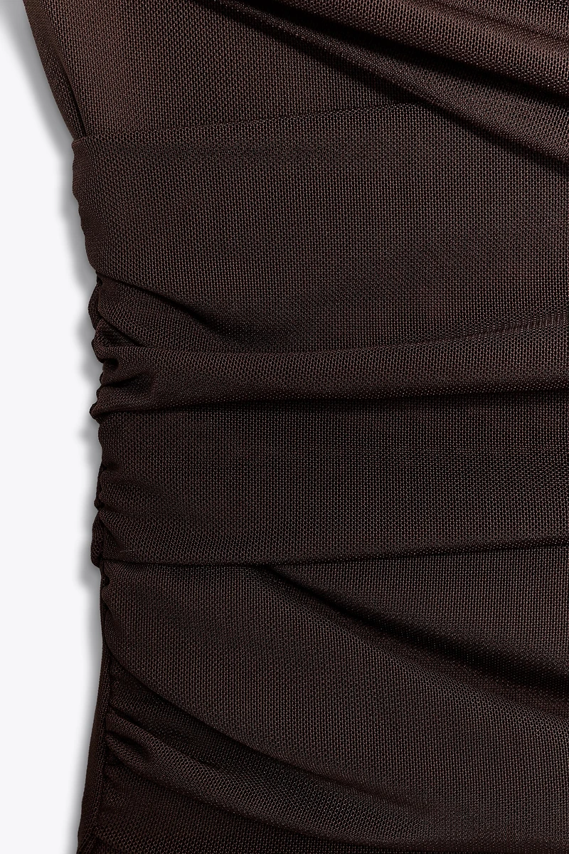 ASYMMETRIC DRAPED TULLE BODYSUIT