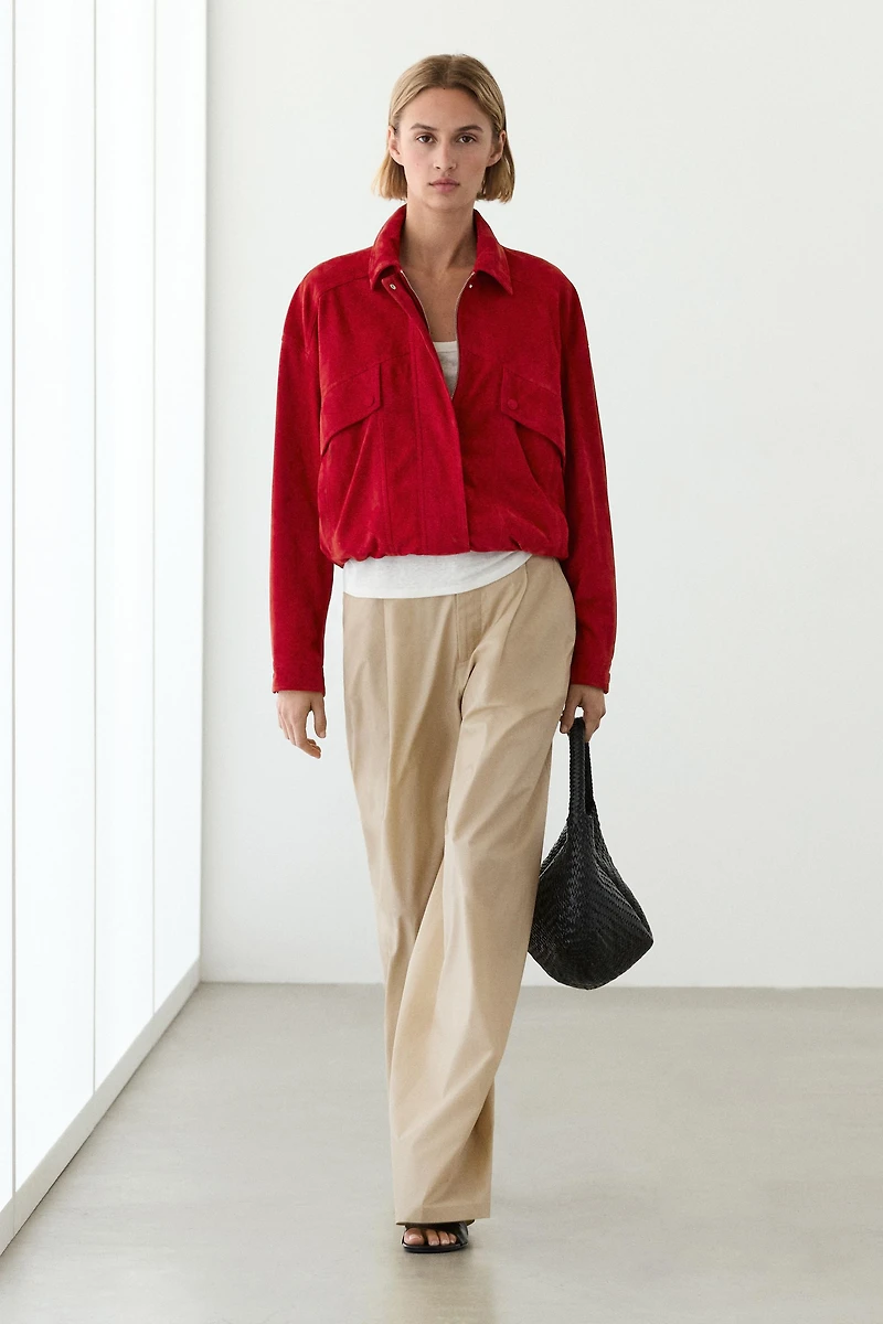 Suede leather bomber jacket with pocket details