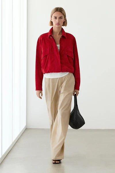 Suede leather bomber jacket with pocket details