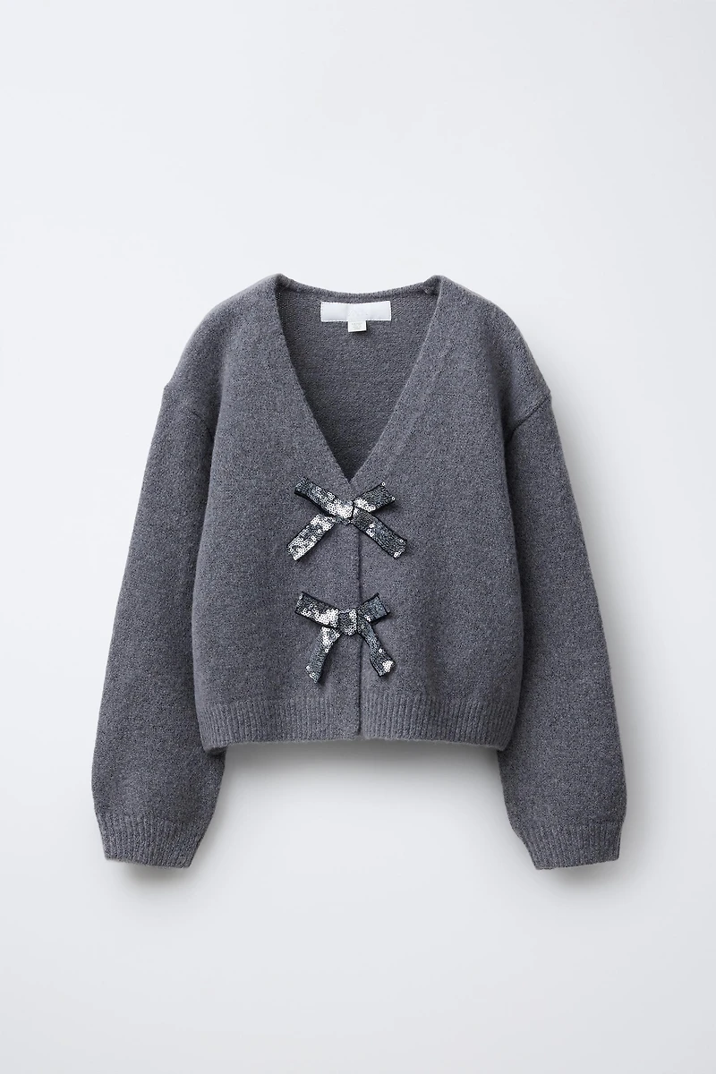 SPARKLY BOW V-NECK CARDIGAN