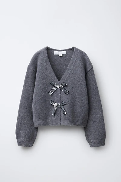 SPARKLY BOW V-NECK CARDIGAN