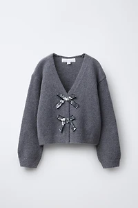 SPARKLY BOW V-NECK CARDIGAN