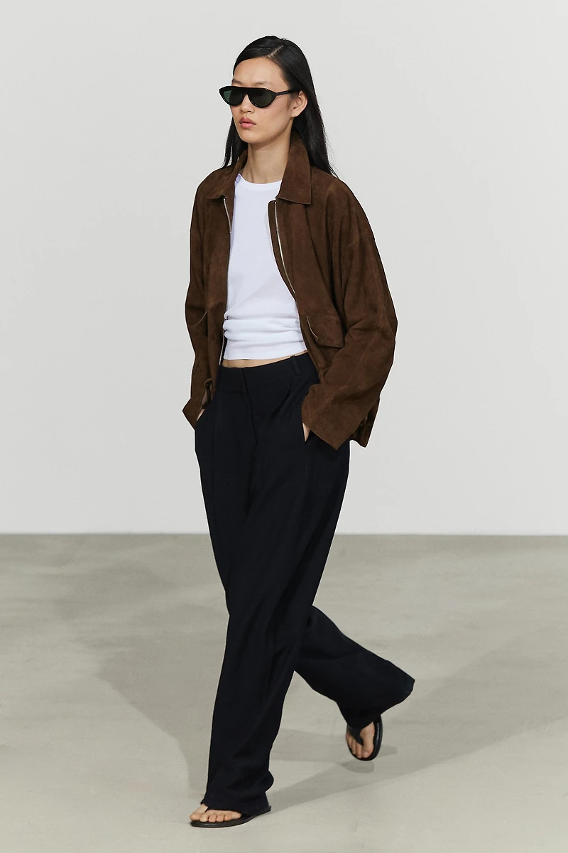 Oversize suede leather bomber jacket