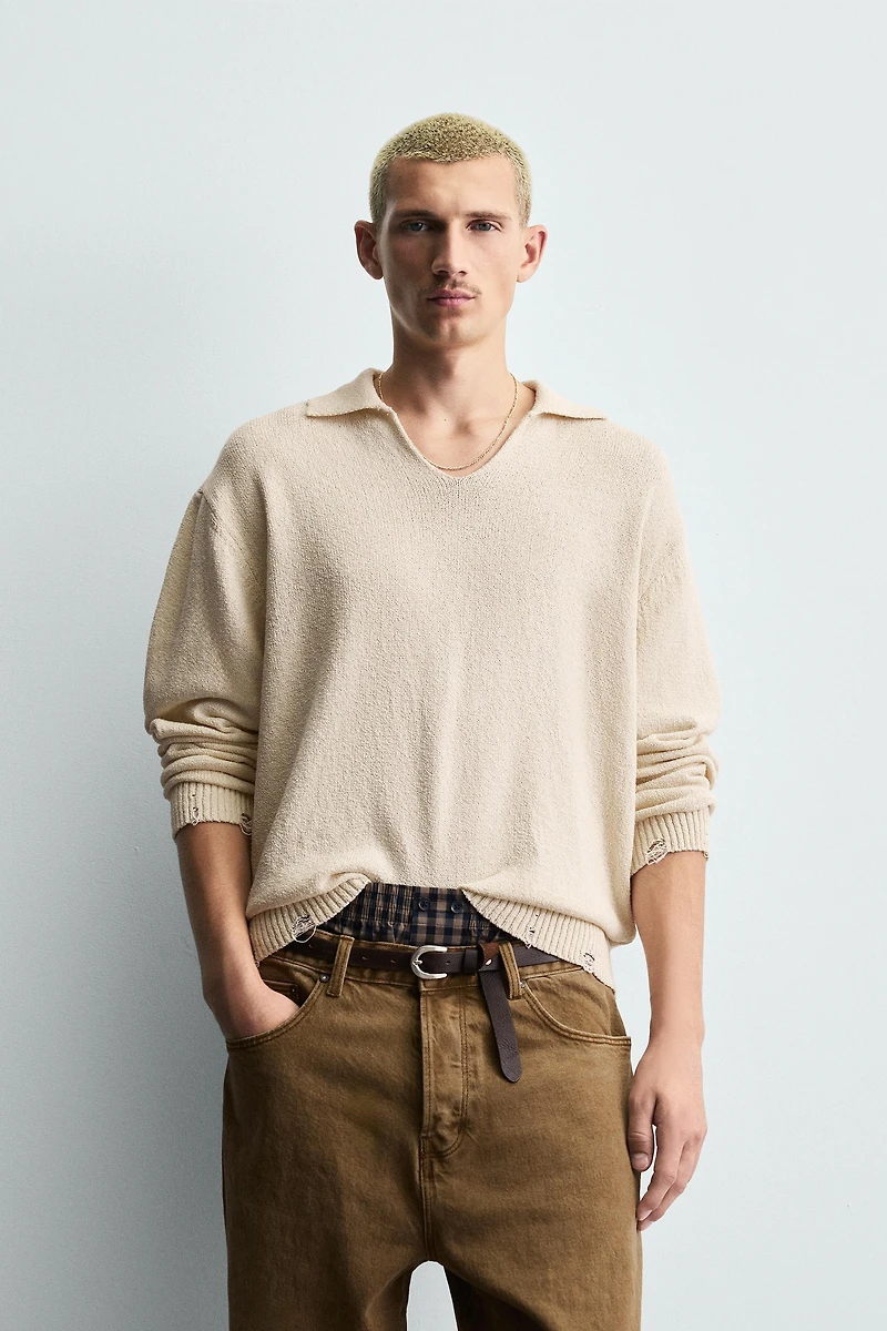 KNIT POLO SHIRT WITH DISTRESSED EFFECT