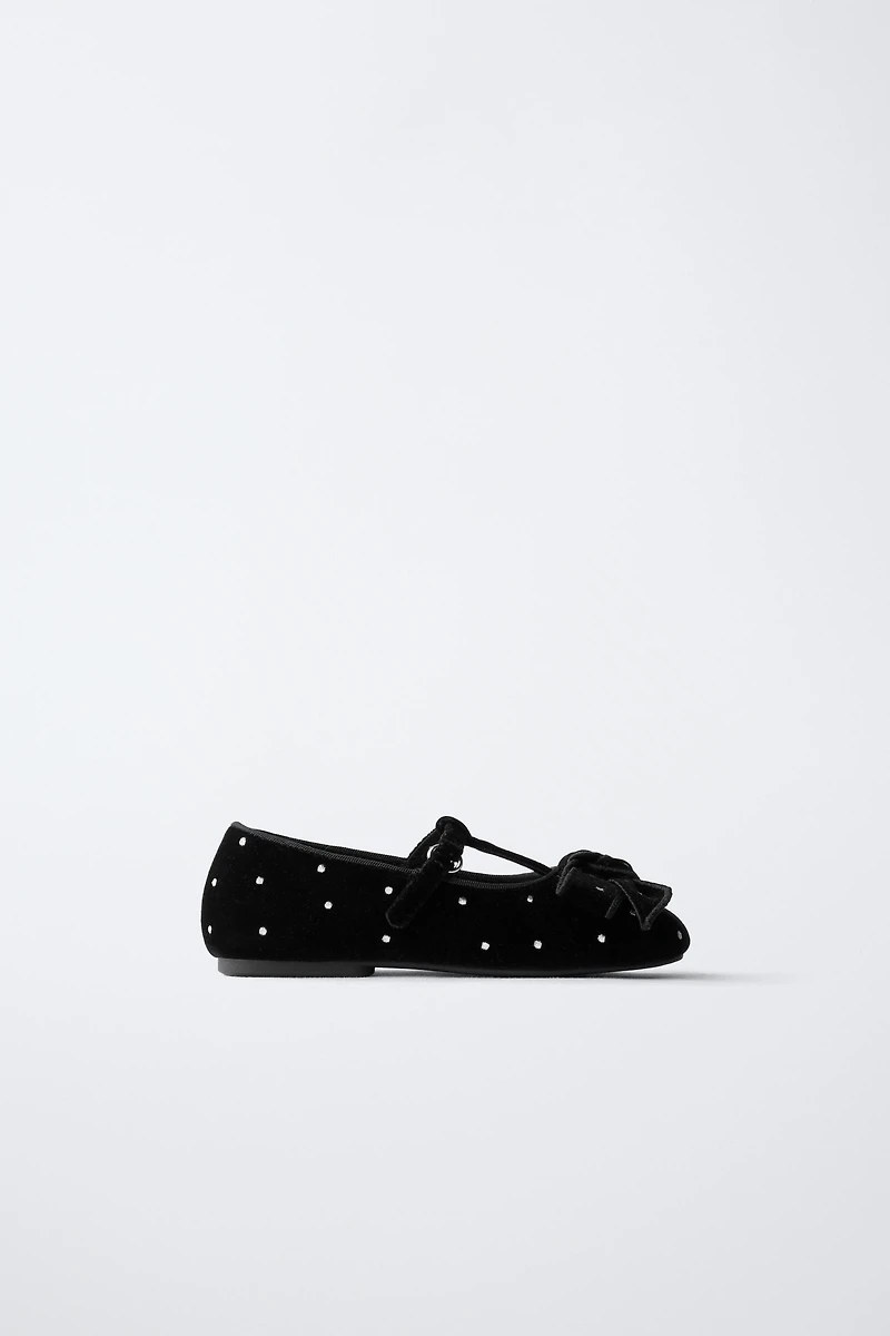VELVET T-BAR BALLET FLATS WITH BOW