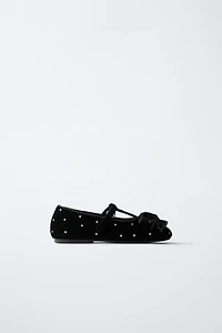 VELVET T-BAR BALLET FLATS WITH BOW