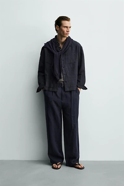 RELAXED FIT 100% LINEN BELTED PANTS