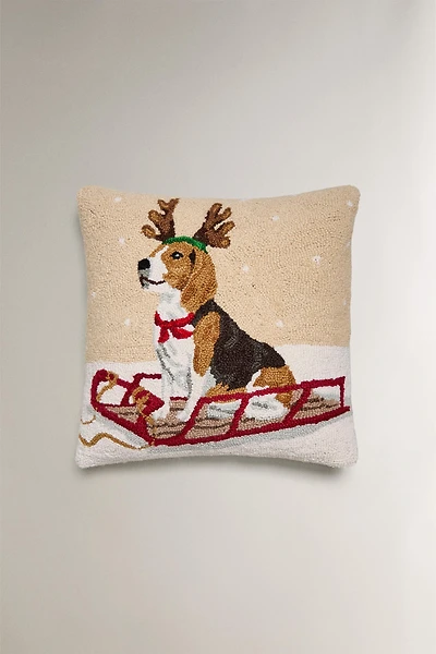HOUSSE DE COUSSIN LAINE CHIEN TRAÎNEAU NOËL