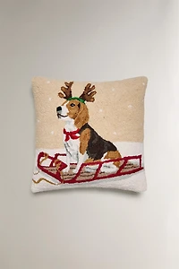 HOUSSE DE COUSSIN LAINE CHIEN TRAÎNEAU NOËL