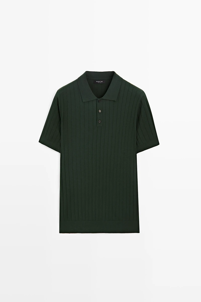Ribbed knit cotton blend polo shirt