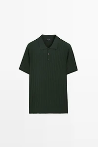 Ribbed knit cotton blend polo shirt