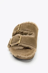 FAUX FUR FLAT BUCKLE SANDALS