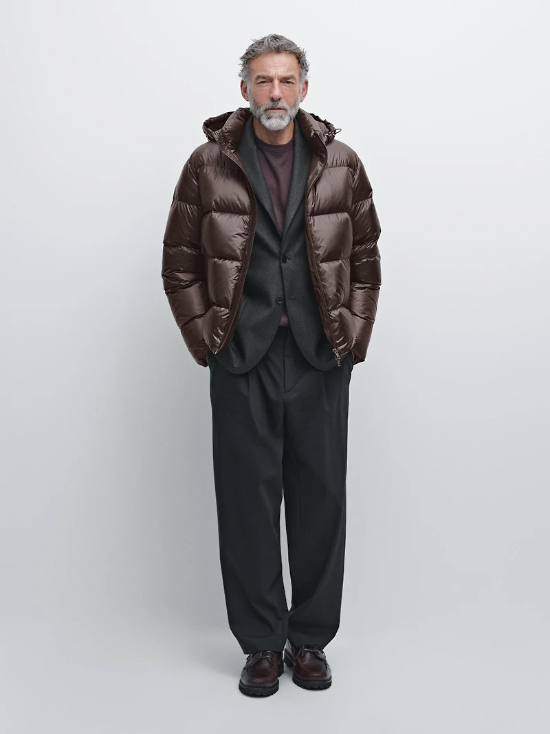 Water-repellent satin puffer jacket