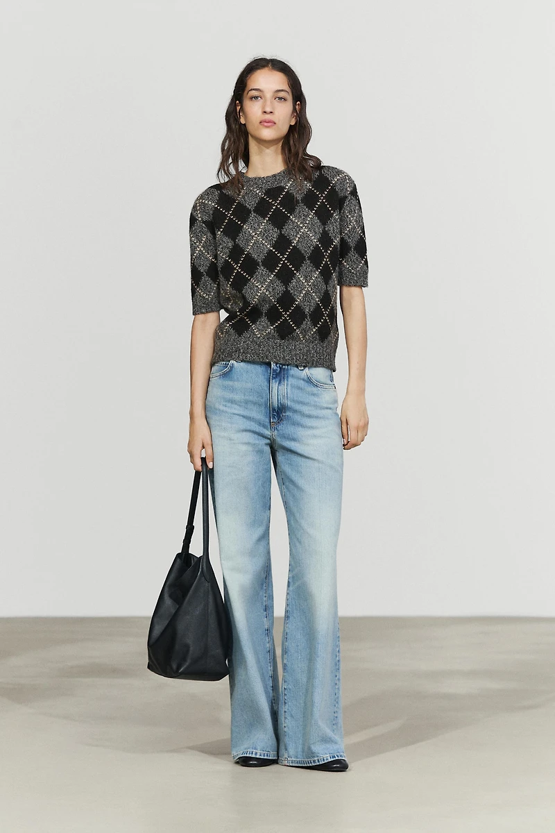 Cashmere-blend short sleeve argyle knit sweater