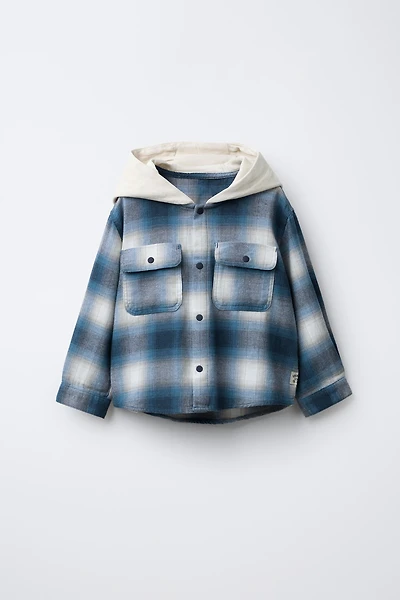 FLEECE HOODED PLAID OVERSHIRT