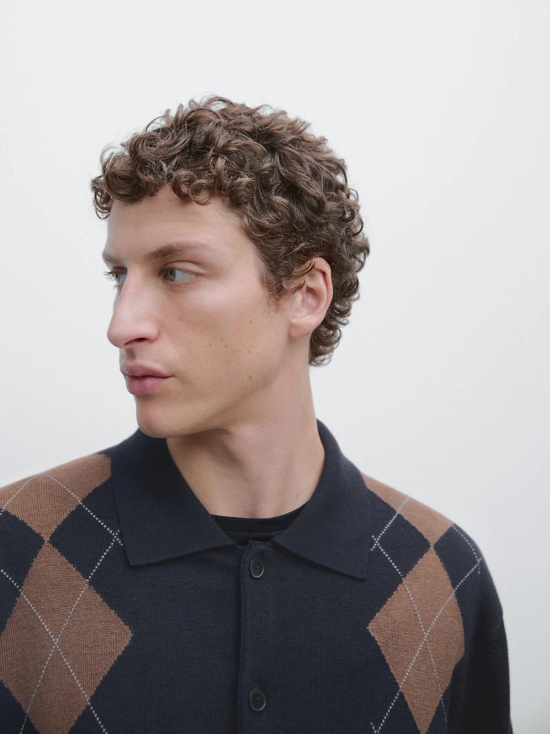 Wool blend argyle knit cardigan