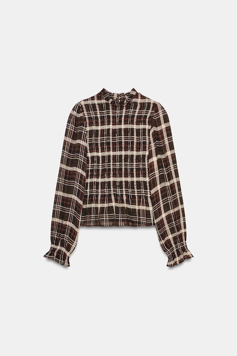 SMOCKED PLAID SHIRT