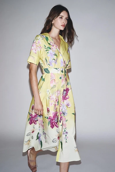 BELTED FLORAL PRINT MIDI DRESS
