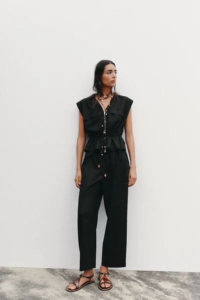 LINEN SAFARI BELTED TOP