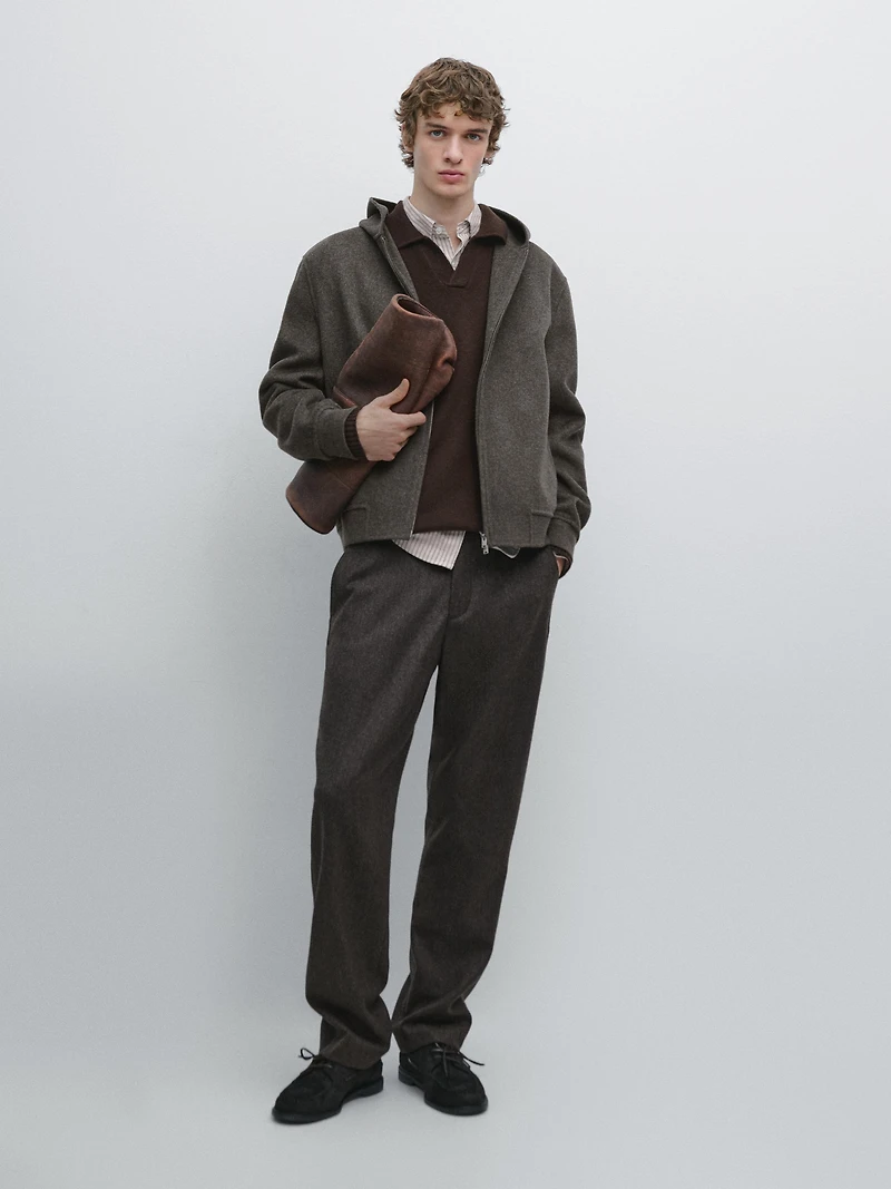 Wool blend double fabric hooded jacket