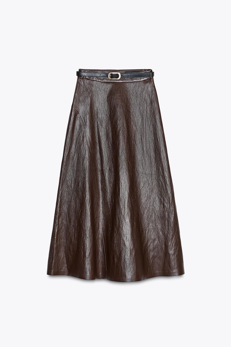 FAUX LEATHER BELTED MIDI SKIRT