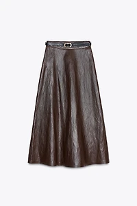 FAUX LEATHER BELTED MIDI SKIRT