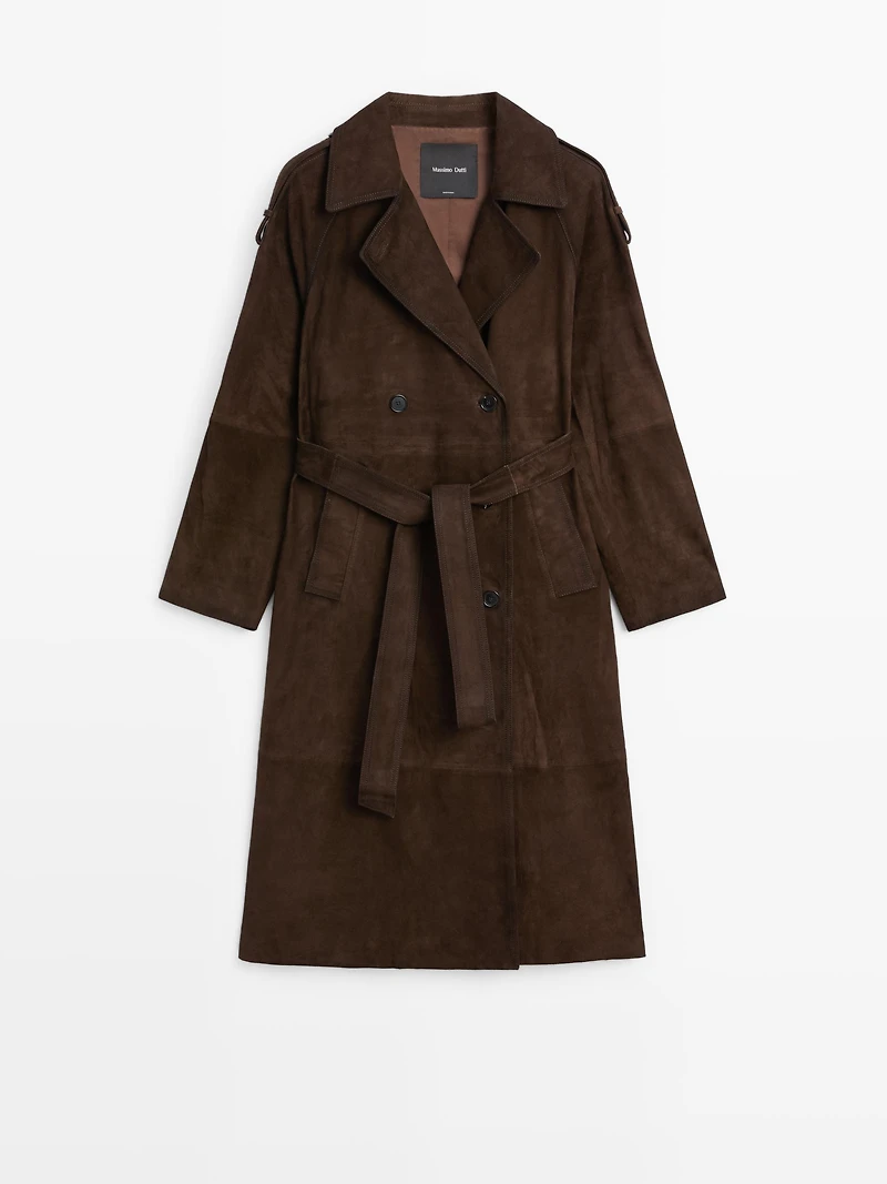 Long suede leather trench coat