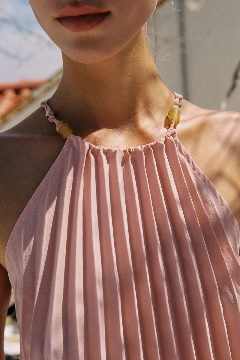 PLEATED BEADED HALTER TOP
