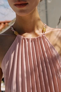 PLEATED BEADED HALTER TOP