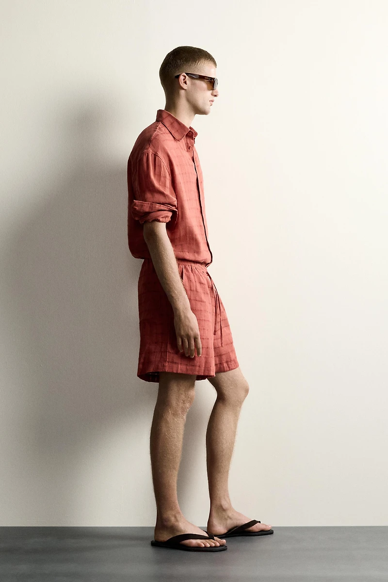 LINEN COTTON BLEND CHECKERED JACQUARD SHORTS