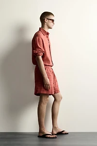 LINEN COTTON BLEND CHECKERED JACQUARD SHORTS