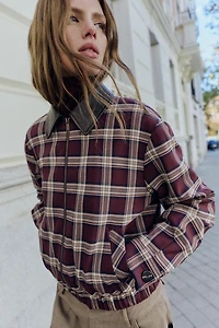 FAUX LEATHER LAPEL CHECK BOMBER JACKET
