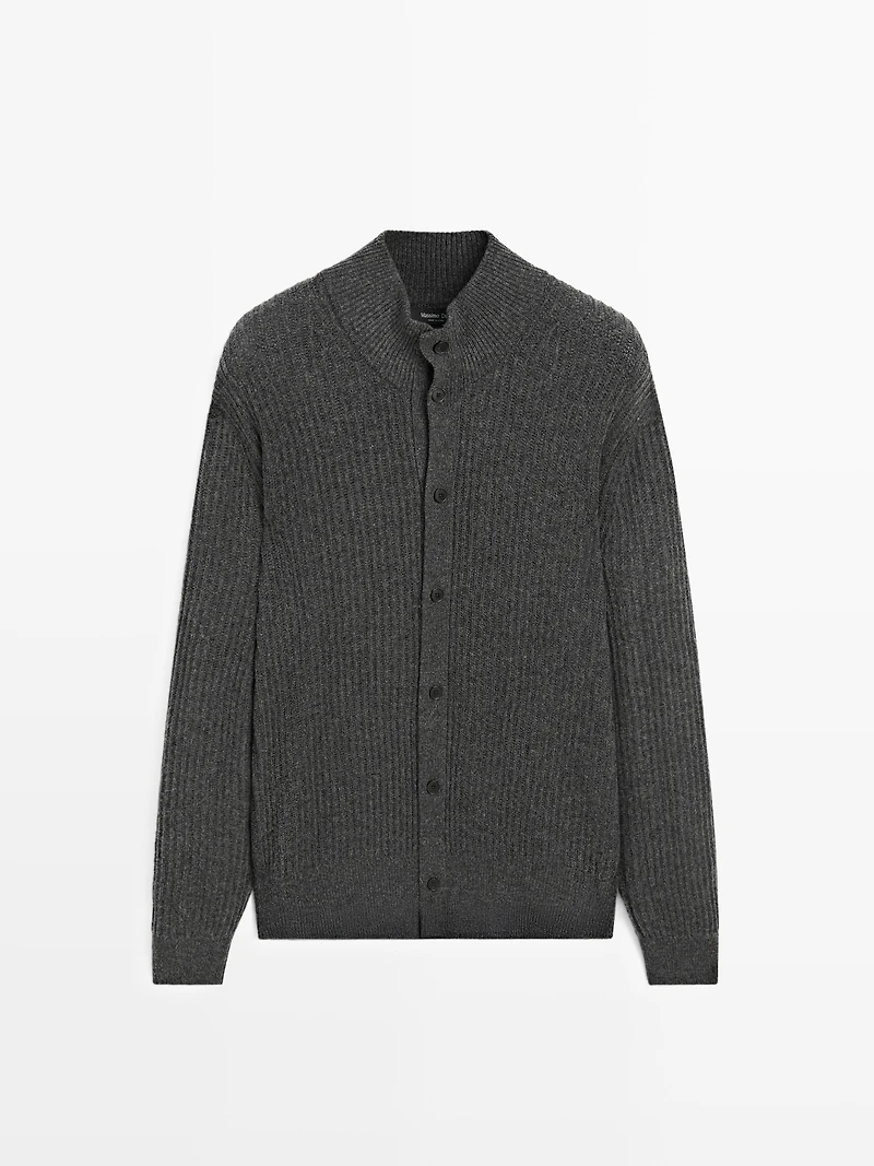 Cotton blend knit cardigan with high neck