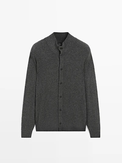 Cotton blend knit cardigan with high neck