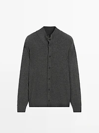 Cotton blend knit cardigan with high neck