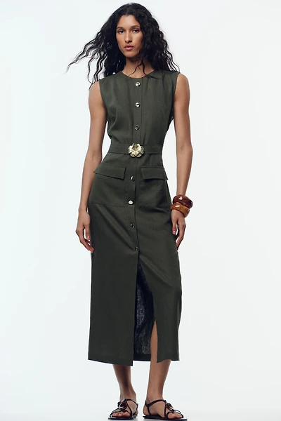 LINEN BELTED MIDI DRESS