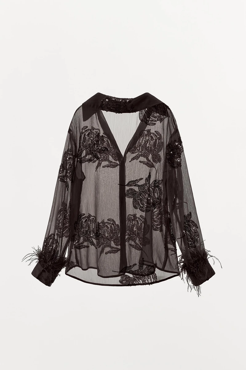 SEMI-SHEER SEQUIN FEATHER BLOUSE