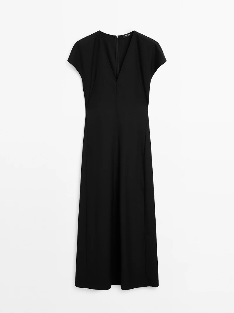 Long wool blend V-neck dress