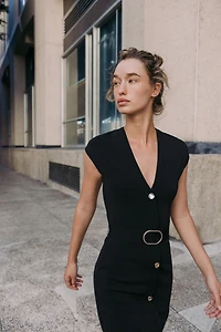 BELTED STRETCH MIDI DRESS