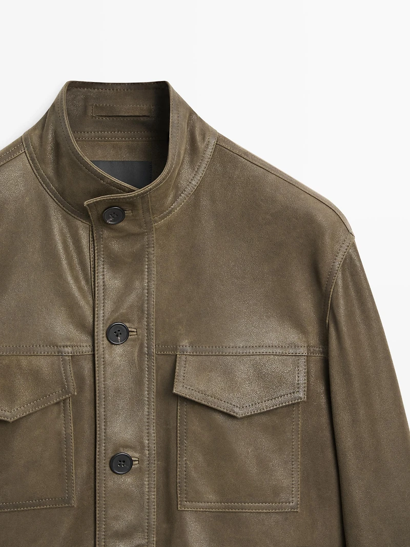 Distressed-effect goatskin leather jacket