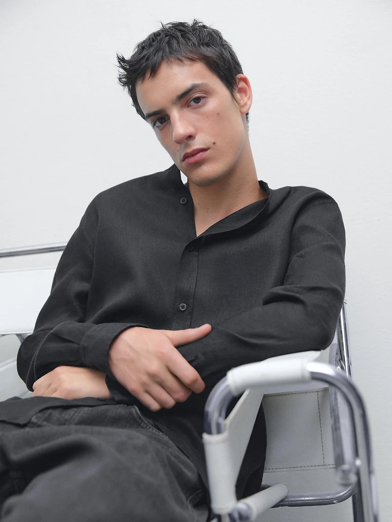 100% linen stand collar shirt