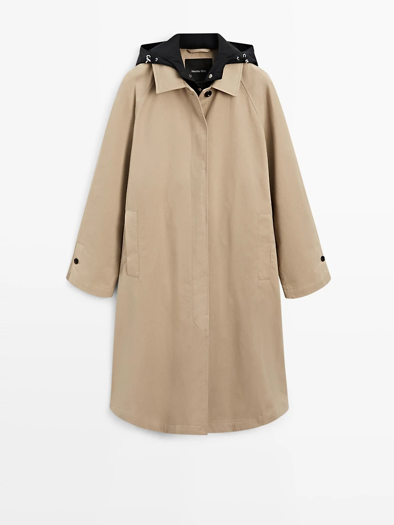 Cape trench coat with detachable hood