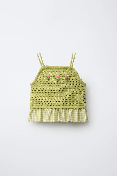 COMBINED GINGHAM AND EMBROIDERED KNIT TOP