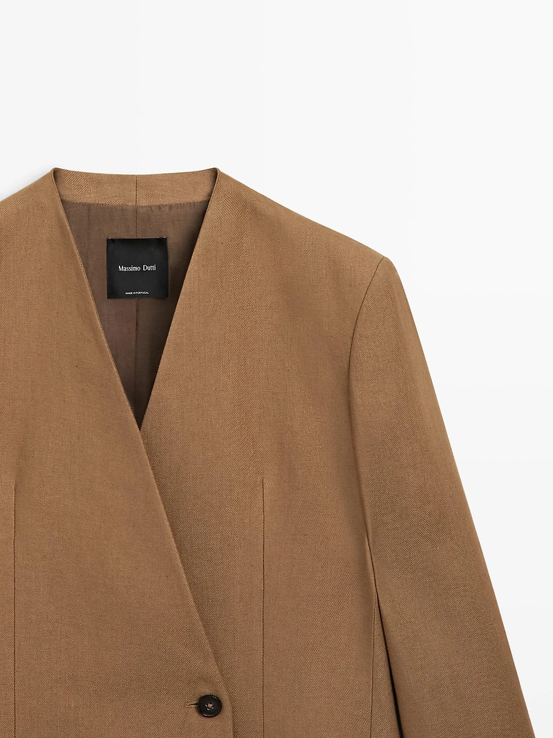 100% linen lapelless double-breasted blazer