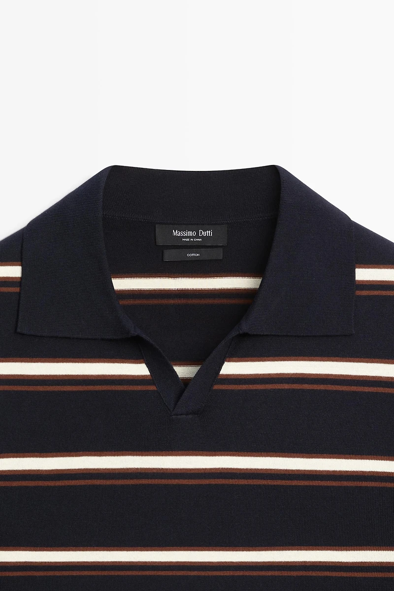 Striped V-neck knit polo shirt